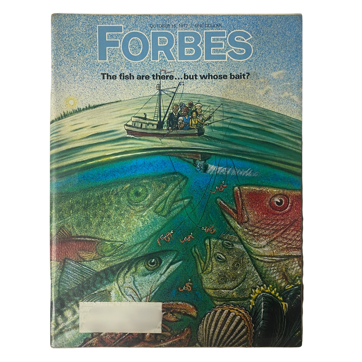 Forbes Magazine October 15, 1977 cover featuring an artistic illustration of fish and a fishing boat, highlighting the pivotal article on U.S. Fisheries and economic issues.