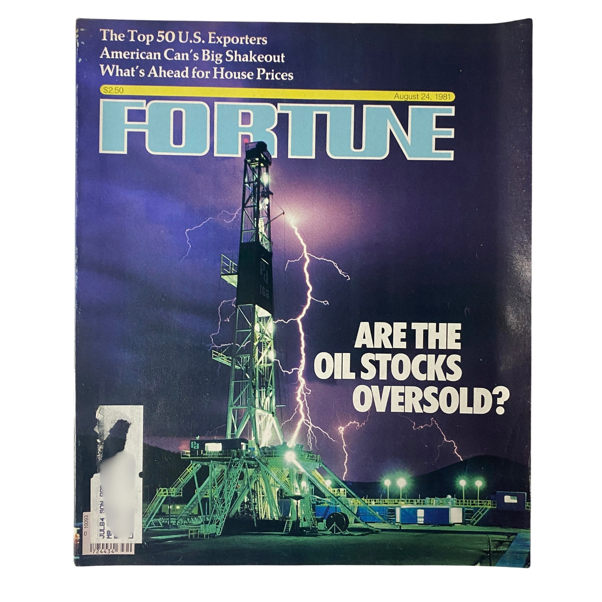 Cover of Fortune Magazine August 24, 1981, featuring a bold headline 'Are the Oil Stocks Oversold?' with an image of an oil rig and lightning in the background.