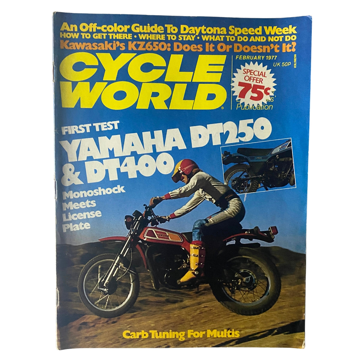Cycle World Magazine February 1977 cover featuring the first test of Yamaha DT250 and DT400 Monoshocks, motorcycle action shot with rider in vintage gear.