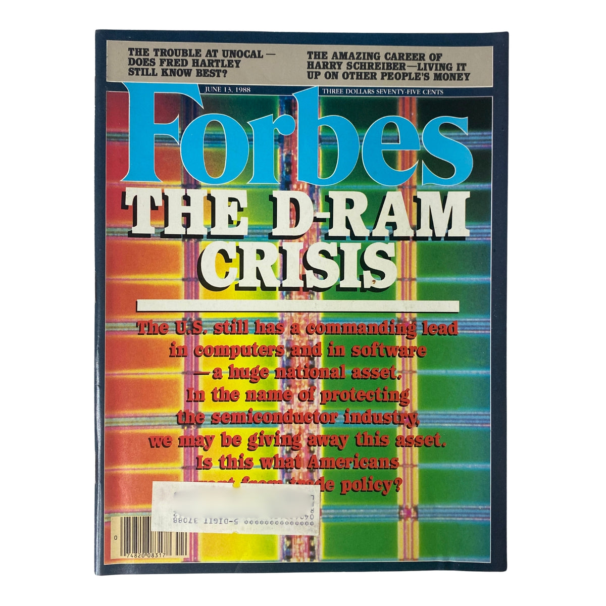Forbes Magazine cover from June 13, 1988, featuring the title 'The D-RAM Crisis' with a vibrant graphic design. The cover discusses the commanding lead of the U.S. in computers and software, highlighting concerns over semiconductor industry protection policies.