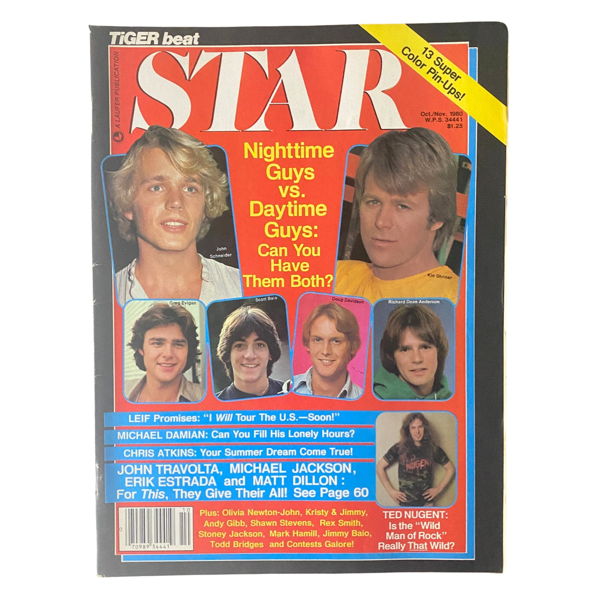 Cover of Tiger Beat Star Magazine October 1980 featuring John Schneider and Kin Shriner, highlighting nighttime and daytime celebrity boys.