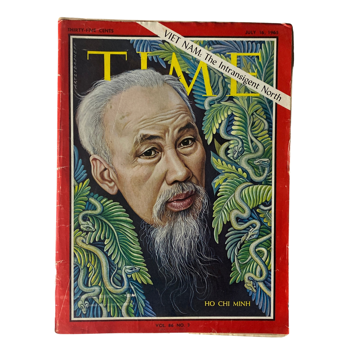 Cover of Time Magazine from July 16, 1965, Vol 86 No. 3, featuring a portrait of Ho Chi Minh, with vibrant illustrations of foliage and snakes, highlighting the Vietnam War era.