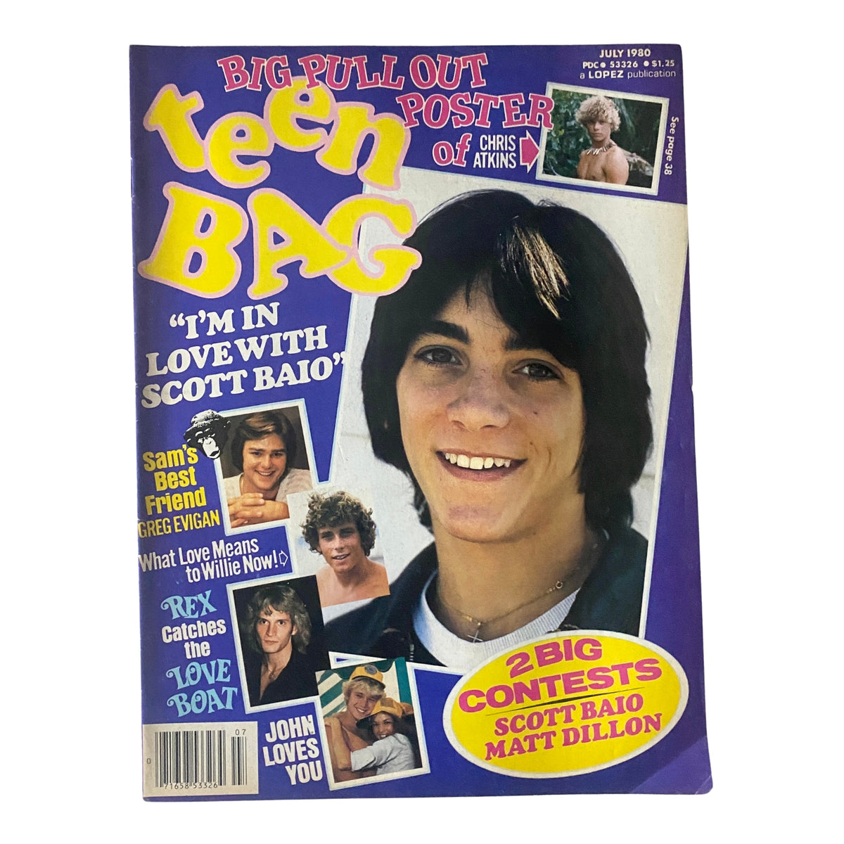 Teen Bag Magazine July 1980 cover featuring Scott Baio and Greg Evigan with colorful graphics and a prominent poster announcement.