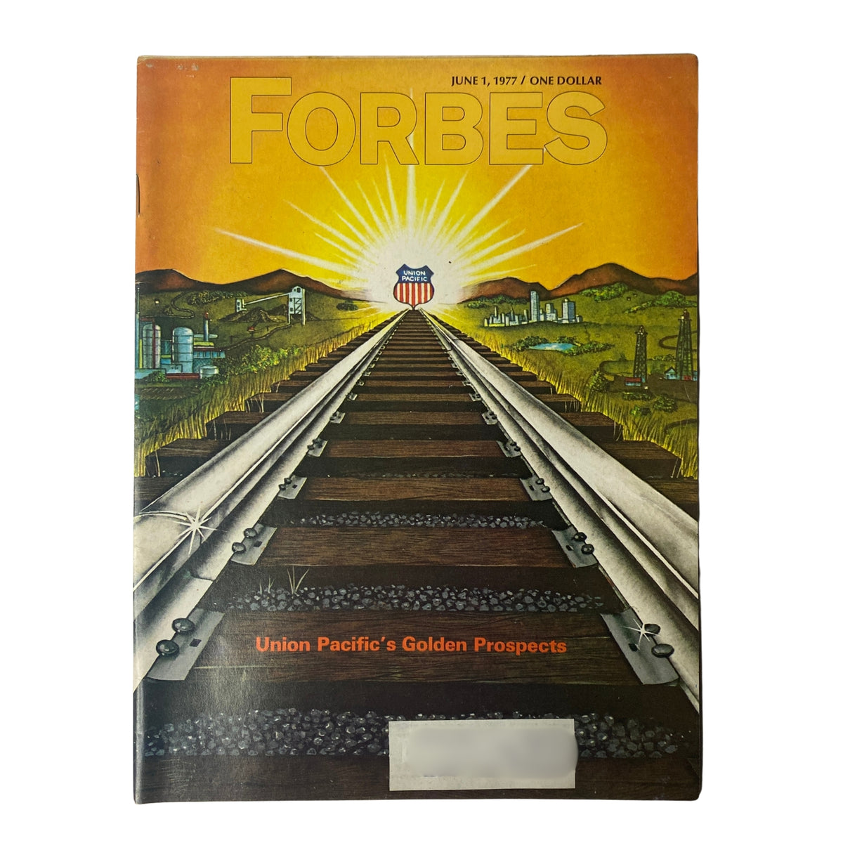 Cover of Forbes Magazine, June 1, 1977, featuring the title 'Union Pacific's Golden Prospects' with artistic depiction of a railway leading to a sunrise.