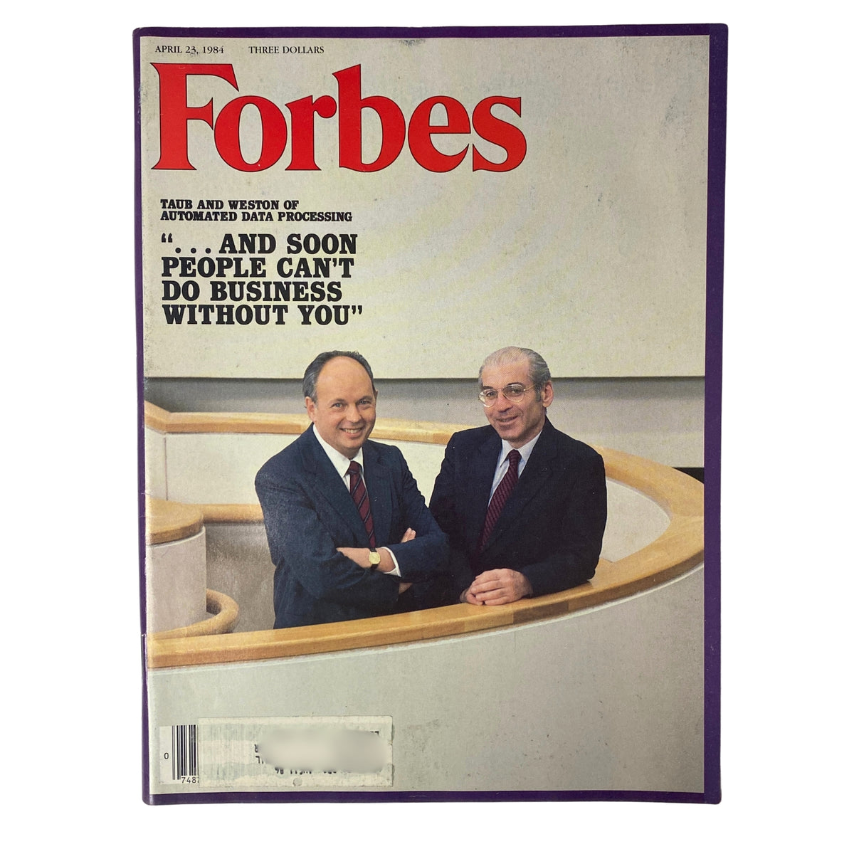 Forbes Magazine cover from April 23, 1984 featuring Taub and Weston of Automated Data Processing, highlighting business automation impacts.