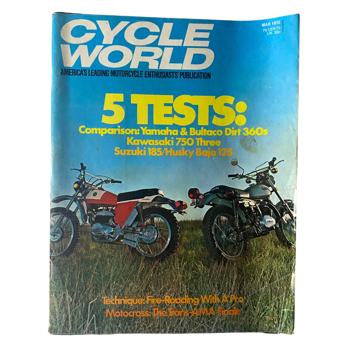 Cycle World Magazine March 1972 featuring a comparison of Yamaha 360 Enduro and Bultaco 360 Montadero, showcasing the bikes on the cover with a vibrant background.