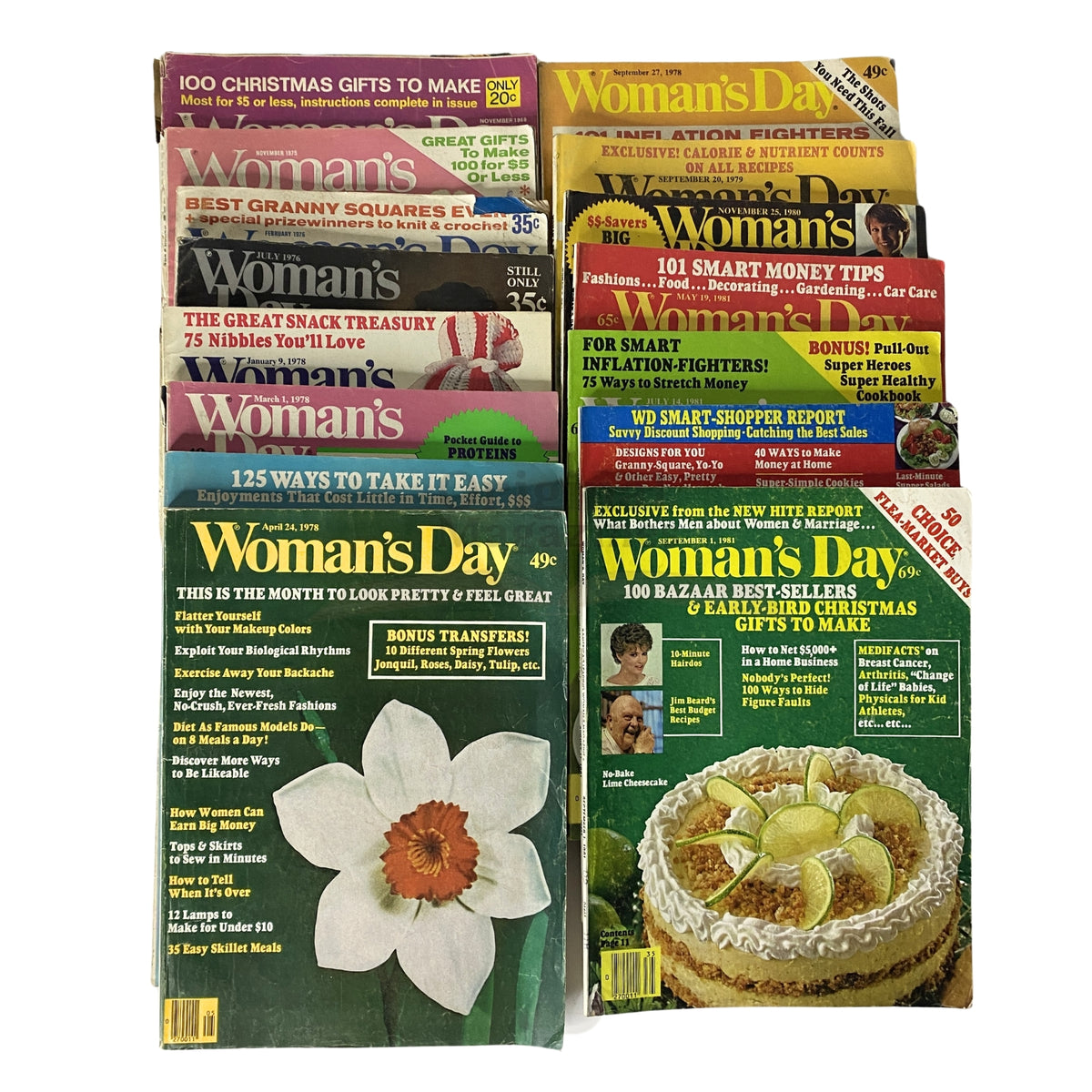 Lot of 15 Woman's Day Magazine collection featuring issues from 1969 to 1981, showcasing vintage covers and nostalgic themes.