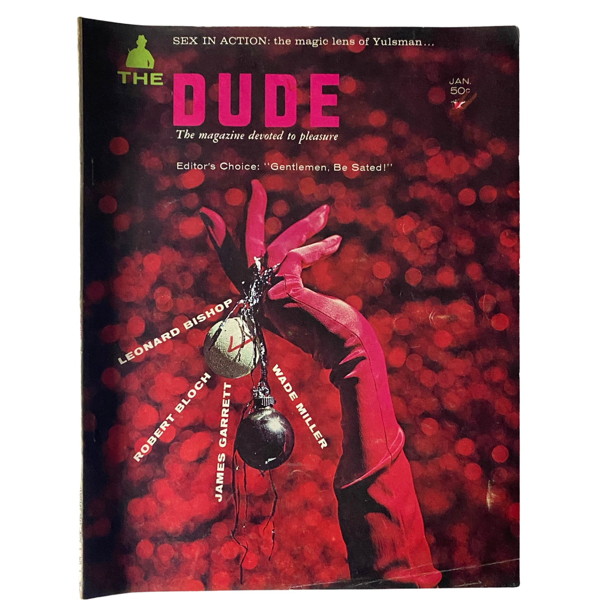 Cover of The Dude Magazine January 1961 featuring vibrant red background with a hand in a pink glove holding decorative items, highlighting the vintage theme and showcasing the magazine's focus on pleasure and entertainment.