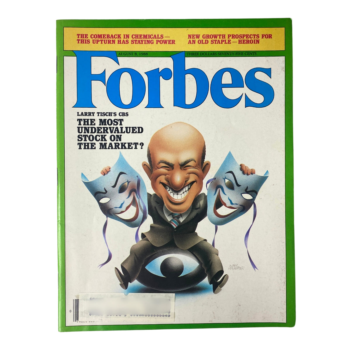Forbes Magazine cover from August 8, 1988 featuring the title 'Behind All That Shuffling & Reshuffling at CBS' highlighting Larry Tisch's leadership at CBS with a caricature illustration.