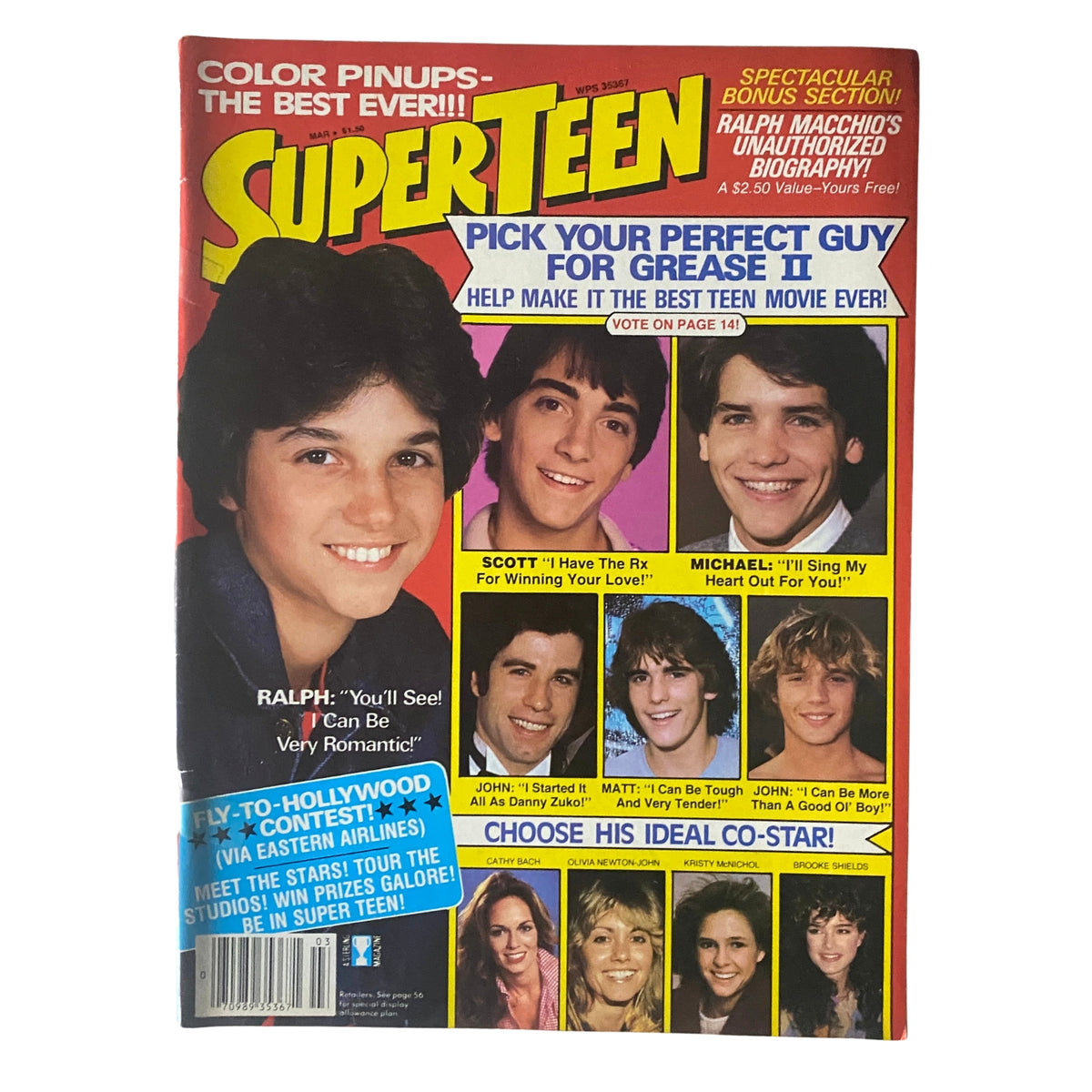 Cover of SuperTeen Magazine March 1982 featuring Ralph Macchio, Scott Baio, and John Travolta with a call to vote for Grease II's perfect guy.