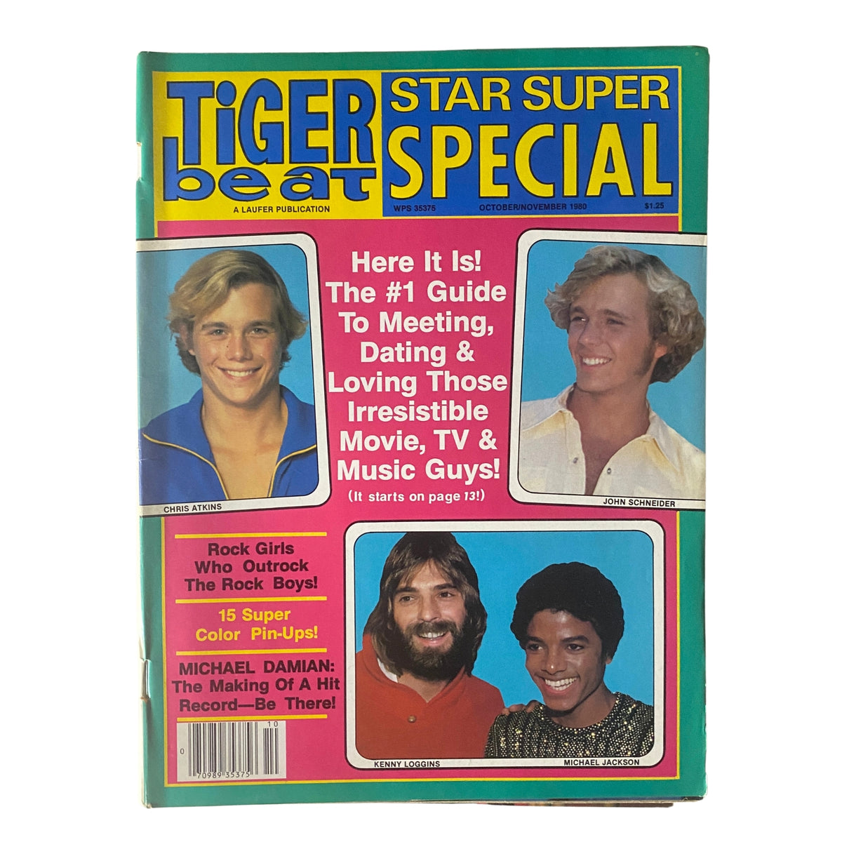 Cover of Tiger Beat Magazine October 1980 featuring Chris Atkins and John Schneider with vibrant headlines about dating and favorite stars.