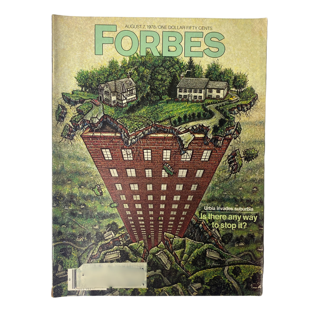 Forbes Magazine August 7, 1978 cover featuring the title "Suburbia: Beginning of the End?", depicting a visual representation of urban encroachment on suburban areas.