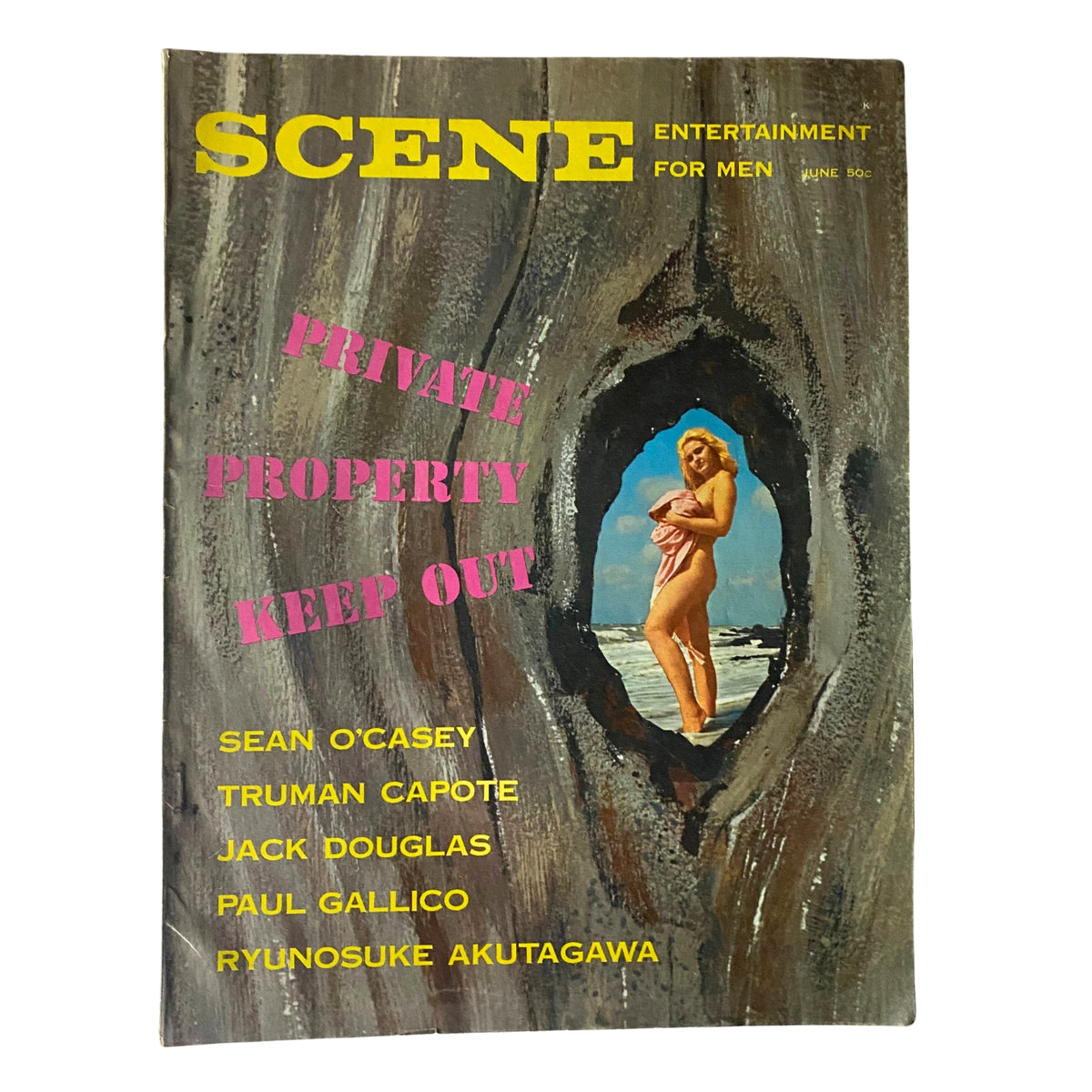 Cover of the June 1961 issue of Scene Magazine featuring contributions from Sean O'Casey, Truman Capote, Jack Douglas, Paul Gallico, and Ryunosuke Akutagawa. The magazine showcases vintage design elements with bold headlines and an eye-catching image of a woman.