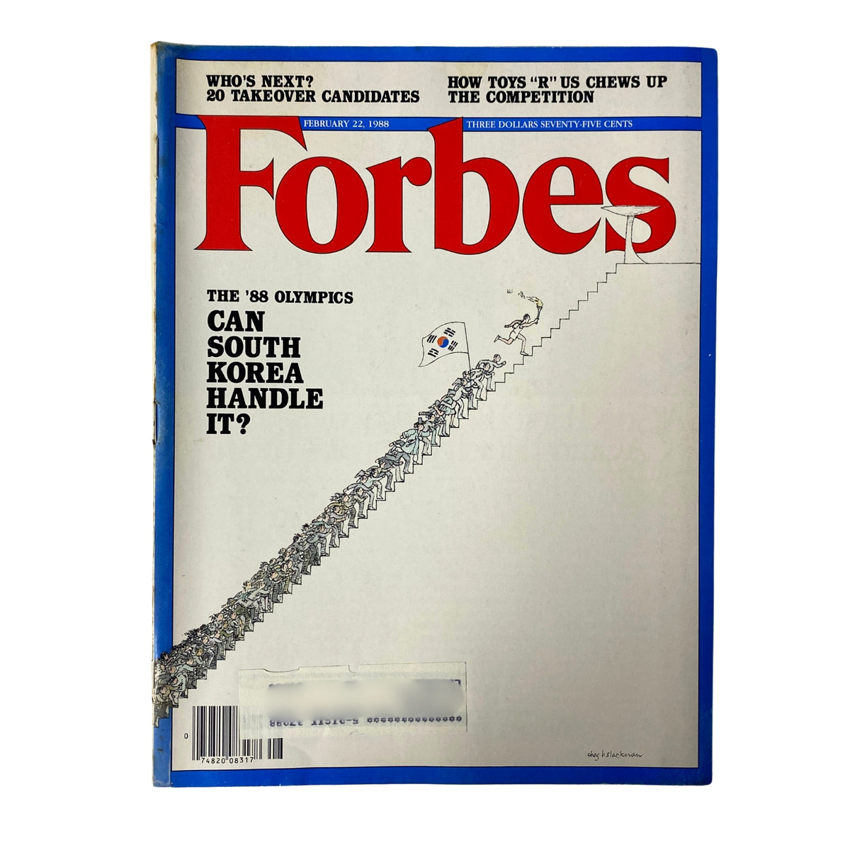 Cover of Forbes Magazine February 22, 1988 featuring the title 'The '88 Olympics Can South Korea Handle It?' showcasing a cartoon illustration related to the event.