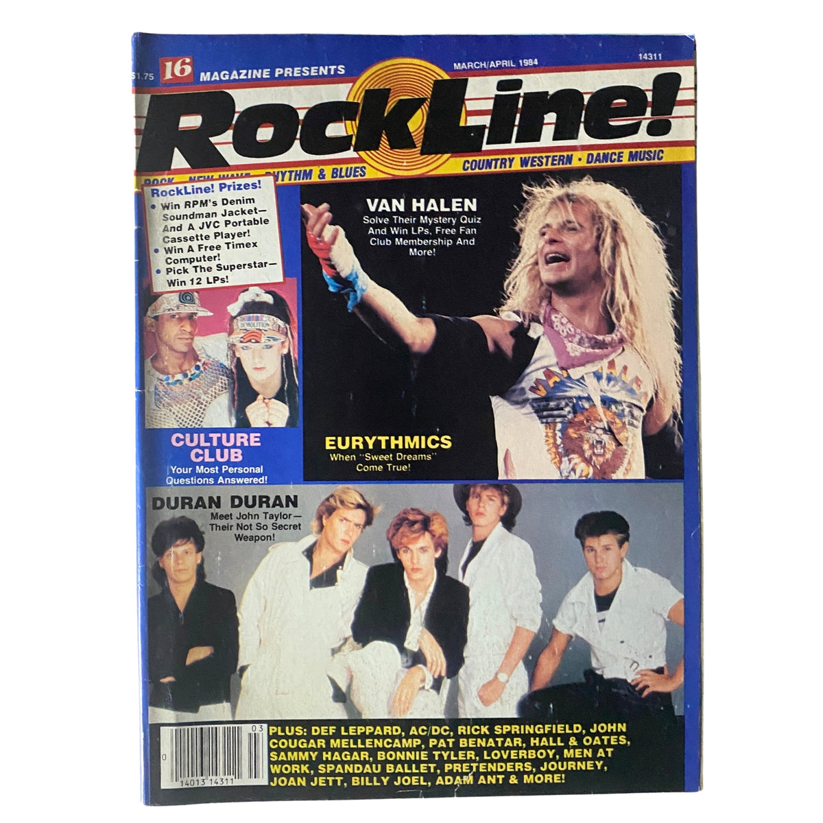 Cover of Rock Line Magazine March-April 1984 featuring David Lee Roth, Duran Duran, Eurythmics, and Culture Club.