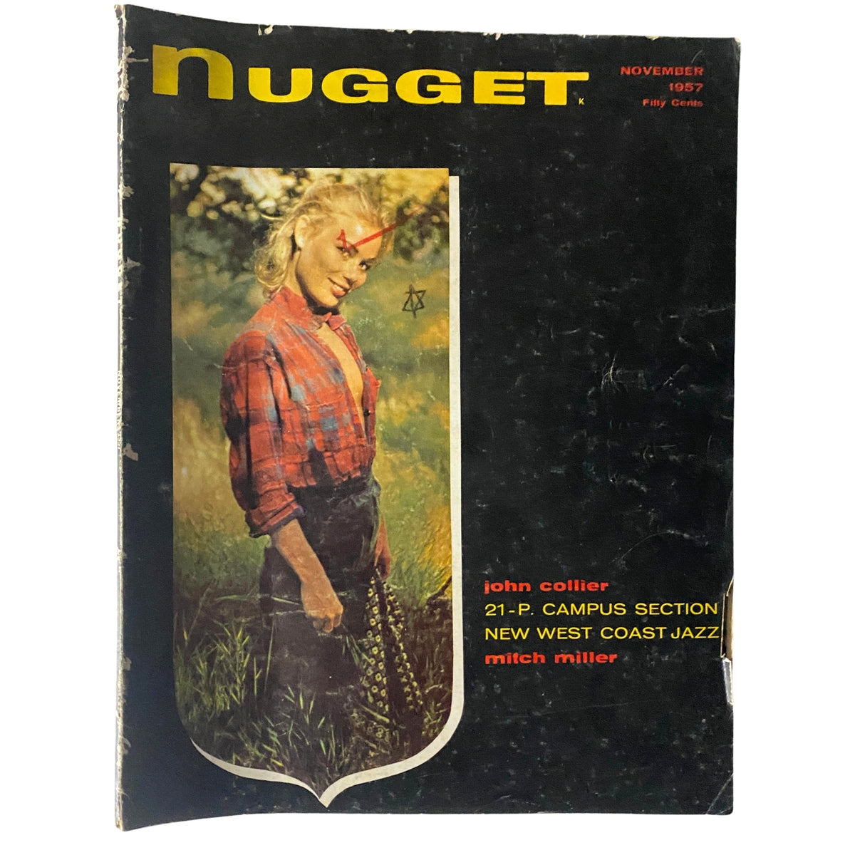 Nugget Magazine November 1957 cover featuring a vintage photo of a model outdoors, emphasizing mid-century culture and style with contributions from John Collier and Mitch Miller.