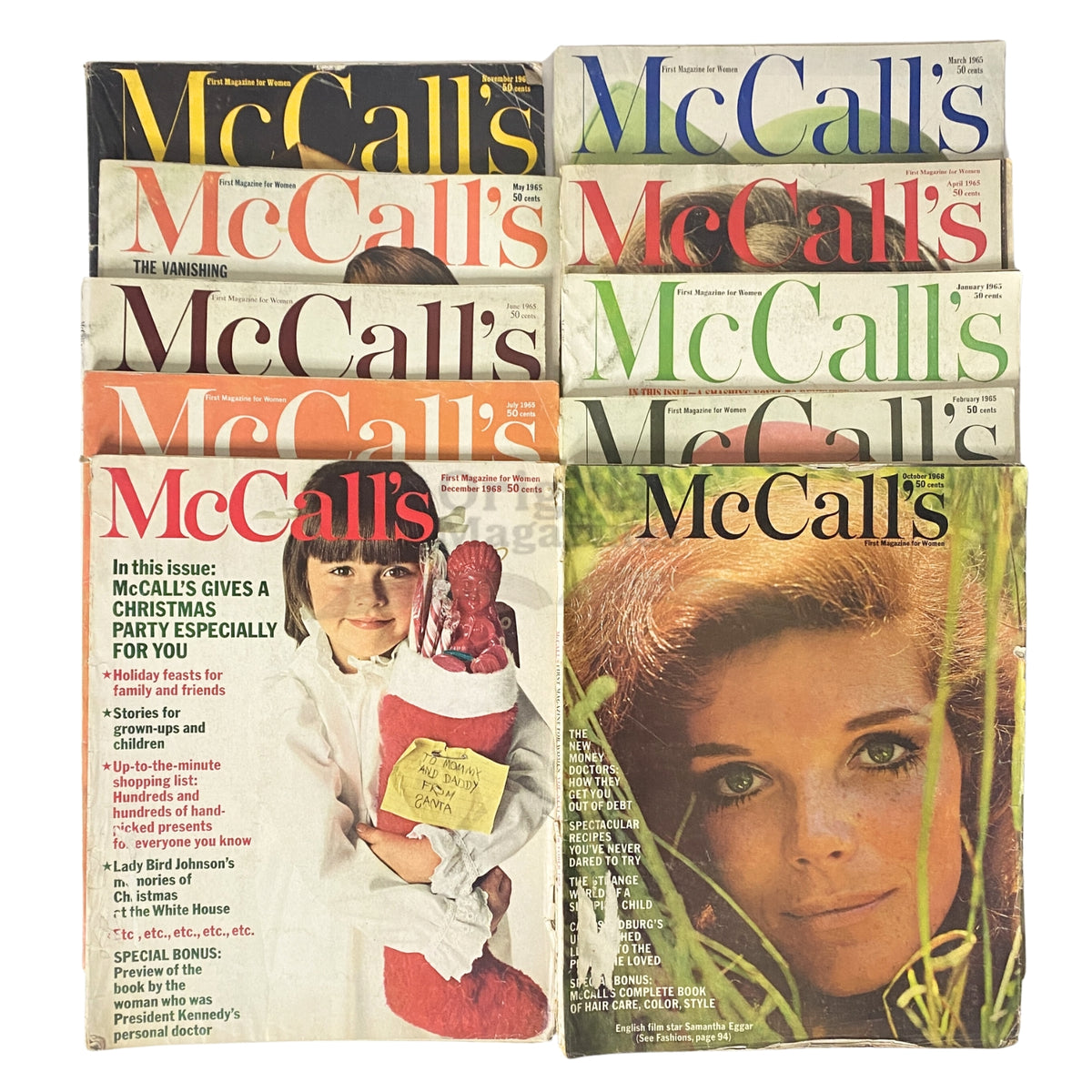 Lot of 10 McCall's Magazine January to July 1965, featuring vintage covers and articles reflecting 1960s American culture.