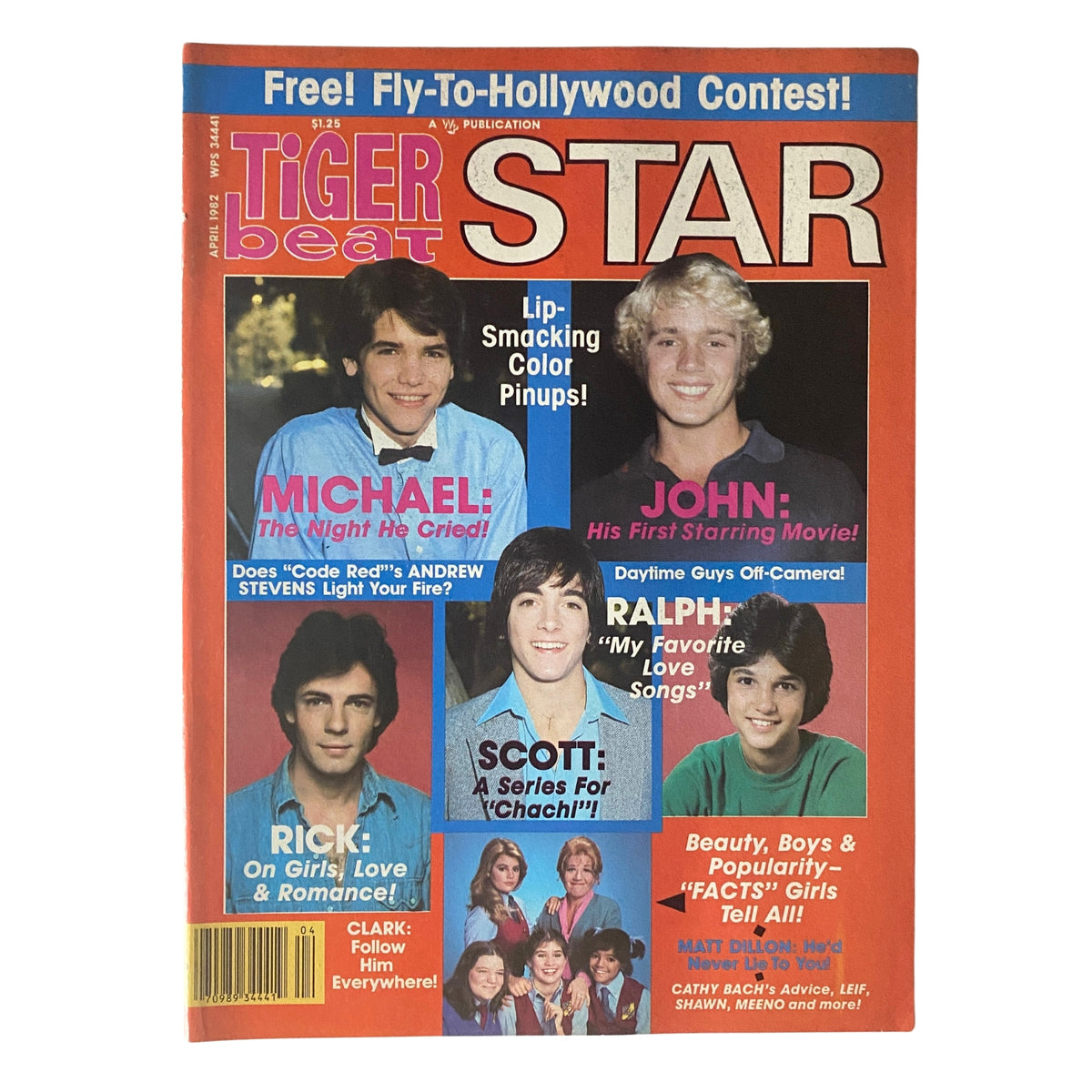 Cover of Tiger Beat Star Magazine April 1982 featuring teen idols such as Michael Damian, Scott Baio, and John Stamos, highlighting nostalgic articles and colorful pin-ups.