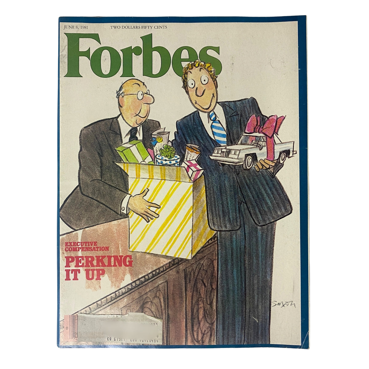 Cover of Forbes Magazine from June 8, 1981 titled 'Executive Compensation Perking It Up', featuring a cartoon illustration of two businessmen exchanging gifts, highlighting the theme of executive perks in the context of rising inflation.