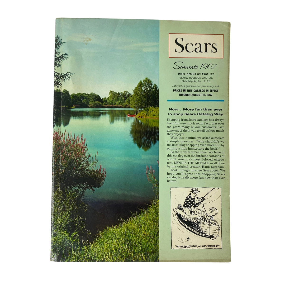 Cover of the 1967 Sears Summer Catalog Way featuring a serene lakeside scene with lush greenery and a vintage illustration that captures the season's spirit.