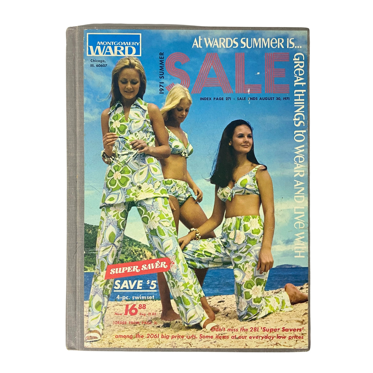 Cover of the 1971 Montgomery Ward Summer Catalog featuring three women modeling vibrant summer outfits, highlighting colorful patterns and styles.