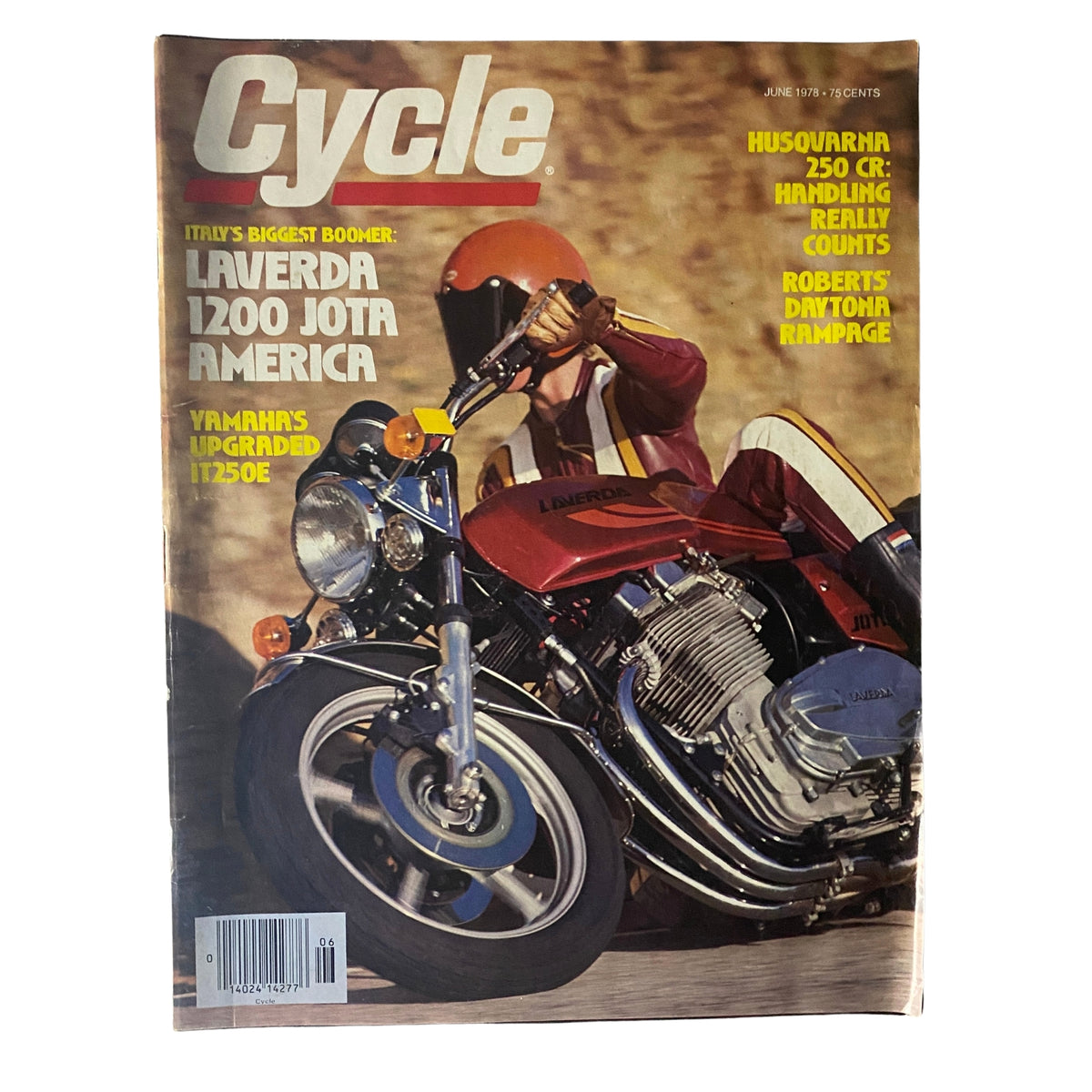 Cover of Cycle Magazine June 1978 featuring Italy's Laverda 1200 Jota America, with motorcycle enthusiast dressed in racing gear.