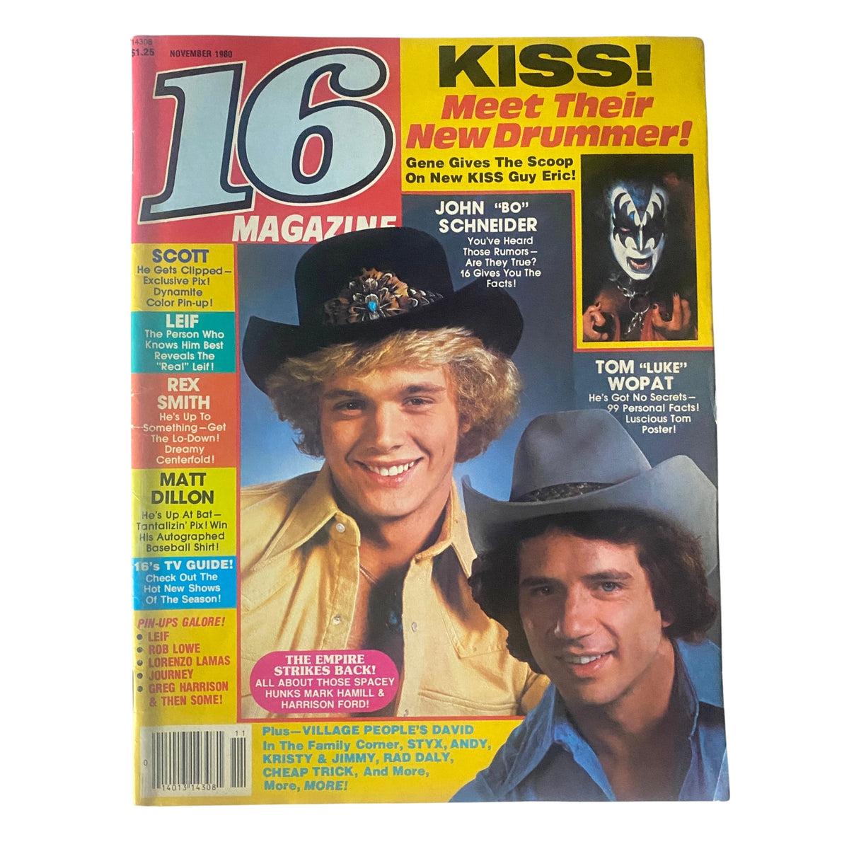 Cover of 16 Magazine, November 1980 issue featuring John Schneider and Tom Wopat, highlighting pop culture icons of the era.