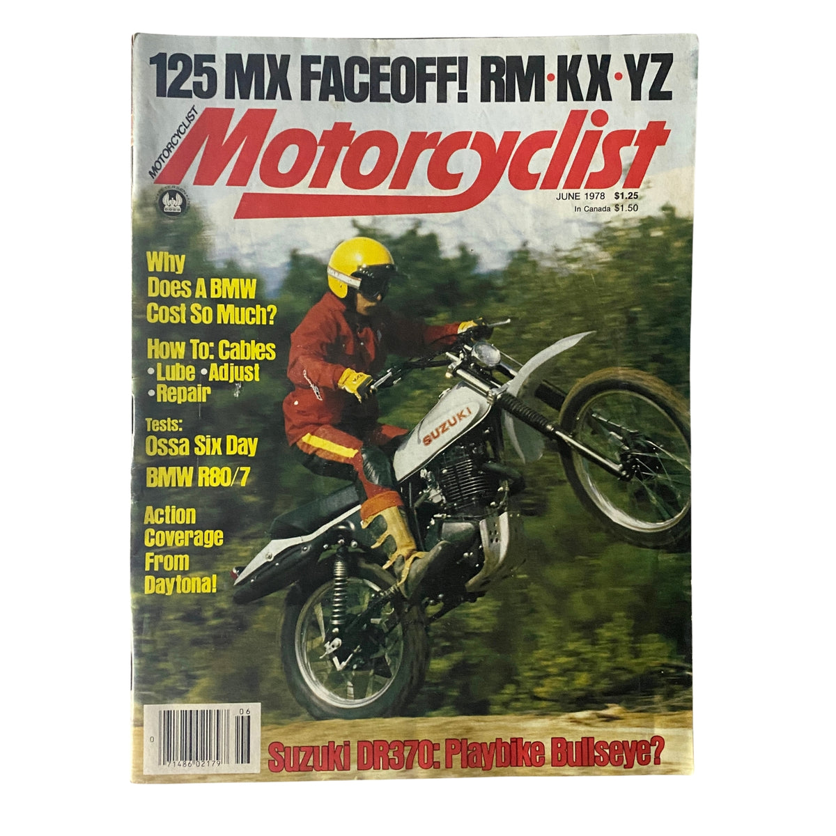 Motorcyclist Magazine June 1978 cover featuring a rider on a Suzuki DR370 Playbike, showcasing motorcycle culture and reviews from the late 1970s.