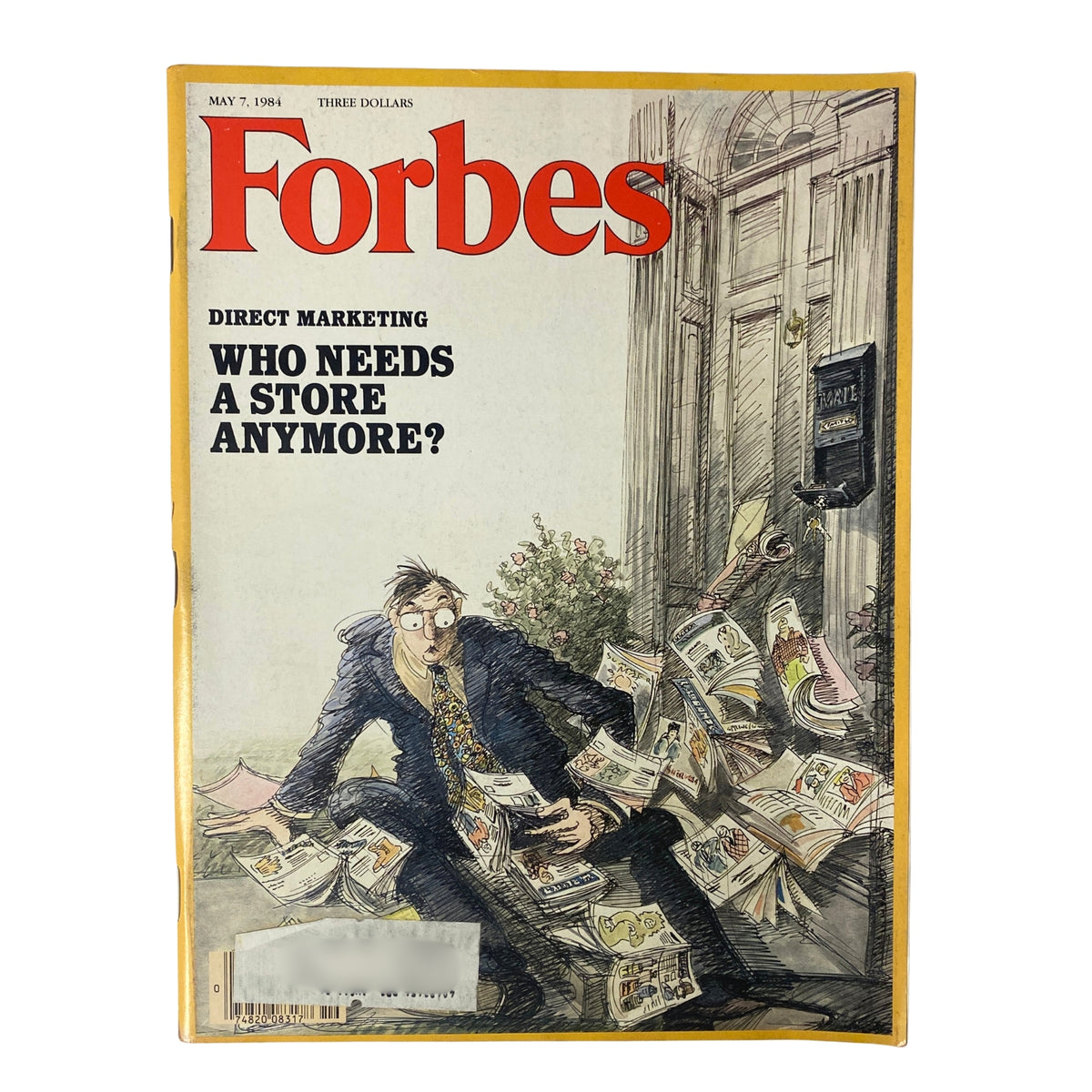 Cover of Forbes Magazine dated May 7, 1984, featuring an illustration related to Direct Marketing with the headline 'Who Needs A Store Anymore?' highlighting the evolution of retail and mail-order sales.