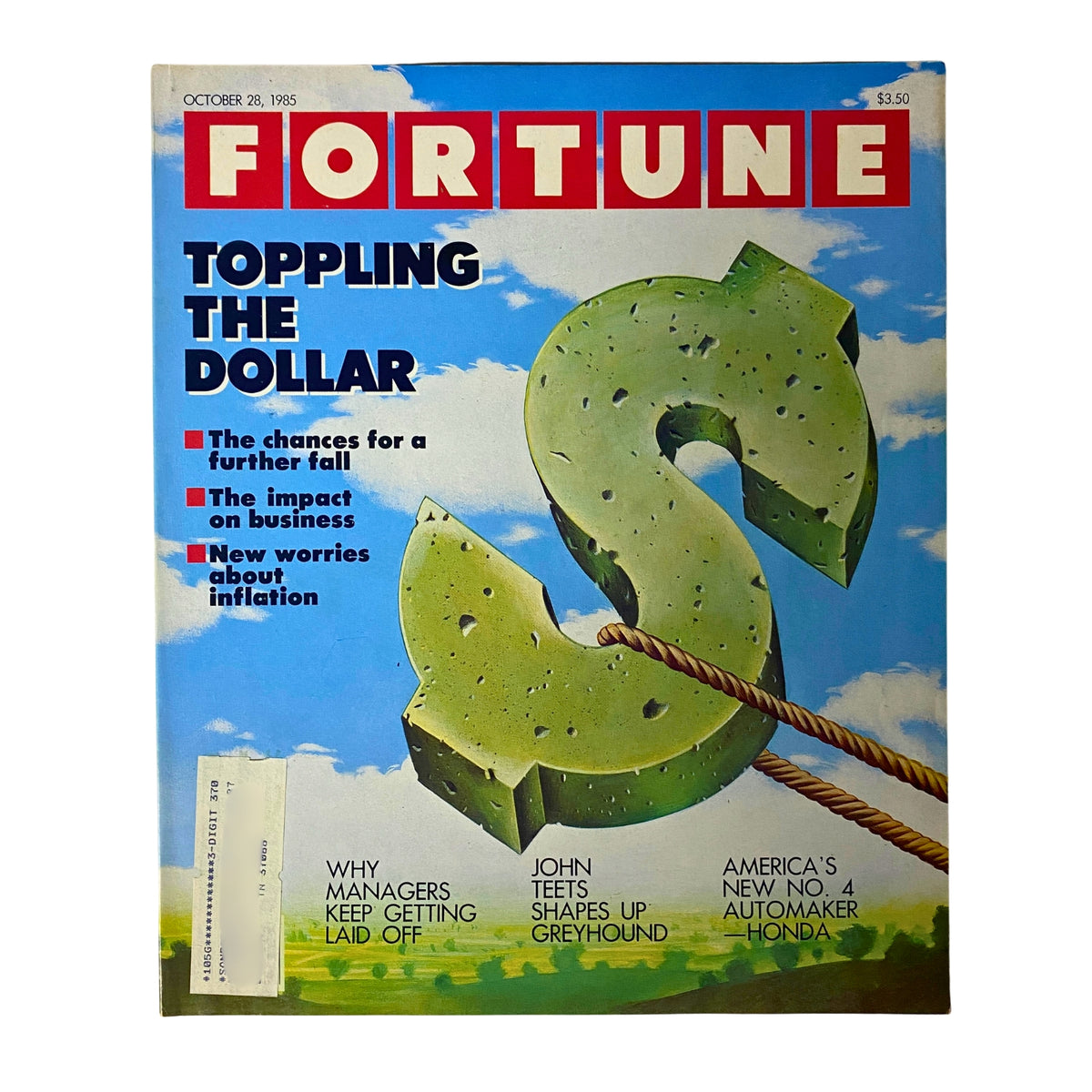 Fortune Magazine cover from October 28, 1985 featuring the title 'Toppling The Dollar' with an illustration of a dollar sign, discussing economic implications and inflation.