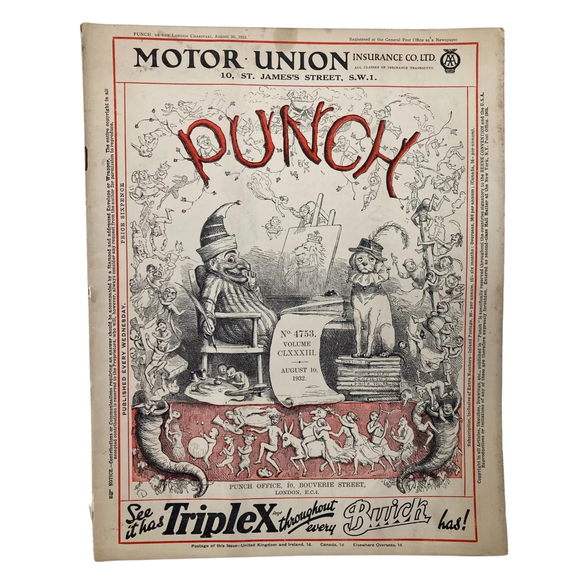 Collection of two Punch magazine covers displaying classic illustrations, part of the lot of 2 Punch Magazines – August 10, 1932 & July 6, 1932 – Pre-WWII.