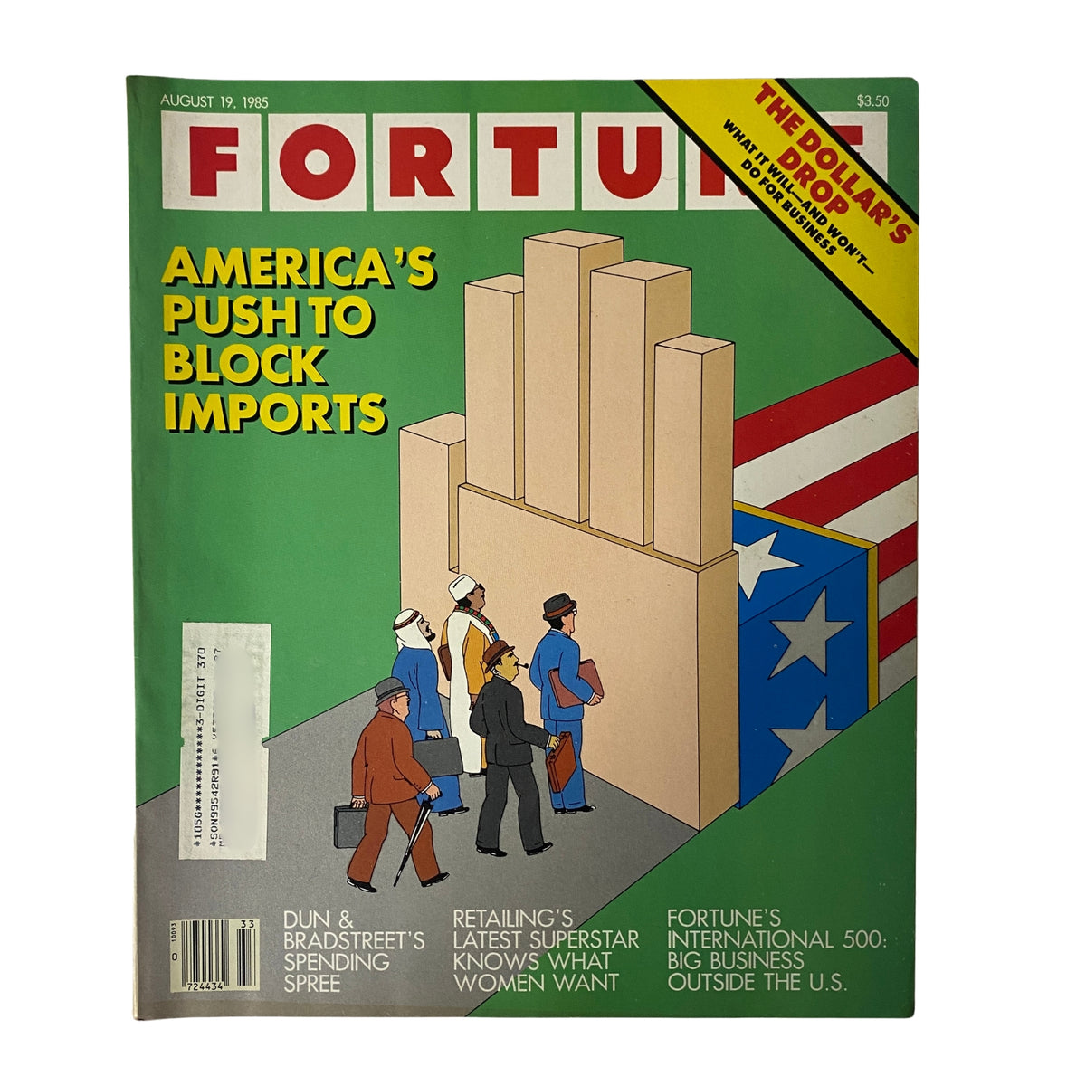 Fortune Magazine August 19, 1985 cover featuring the headline 'America's Push To Block Imports' with an illustrated scene depicting business people near a large wall, representing trade barriers.