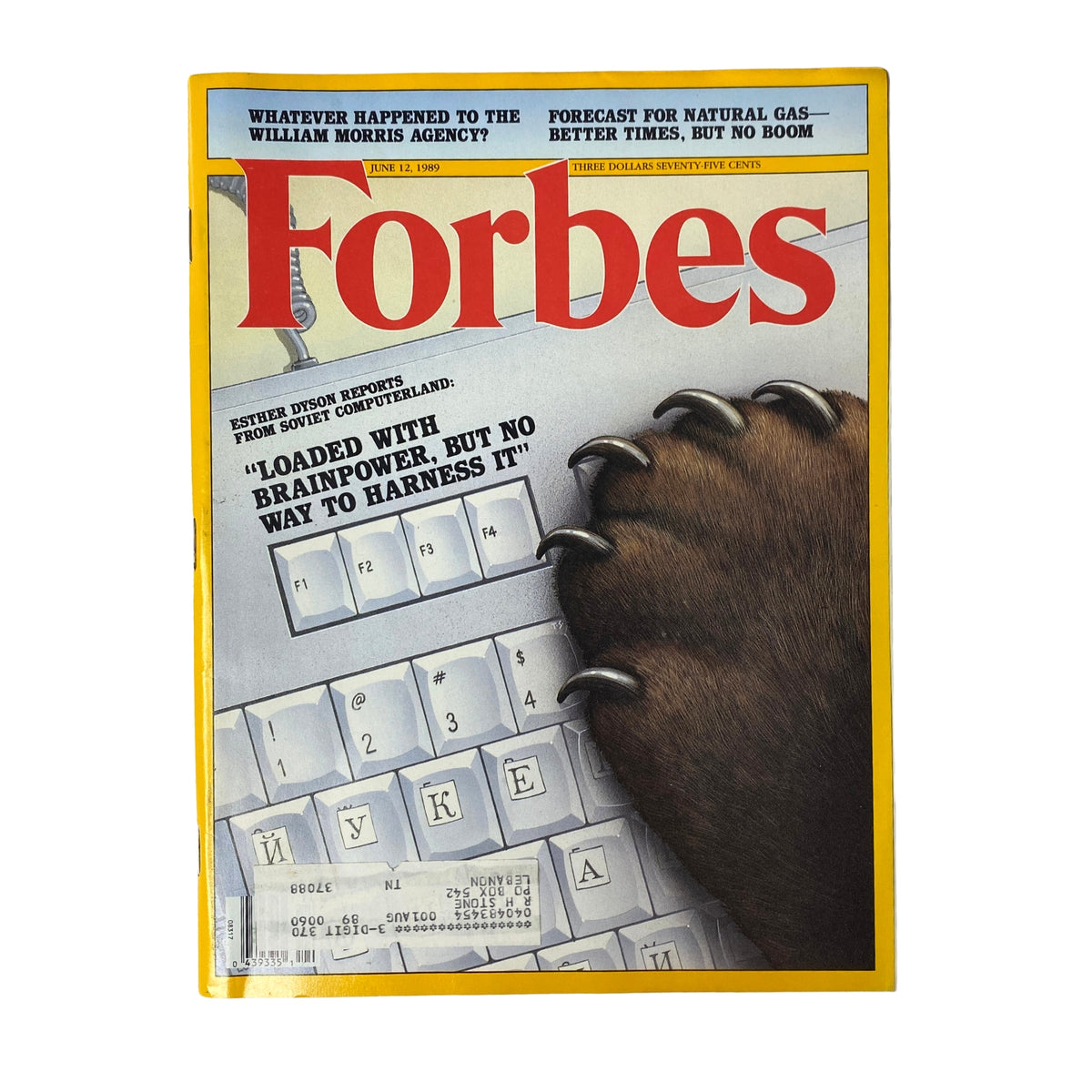 Forbes Magazine Cover June 12, 1989 featuring the title 'Three Weeks That Shook My World' alongside an illustration of a bear paw and keyboard, symbolizing technology and Soviet reforms.