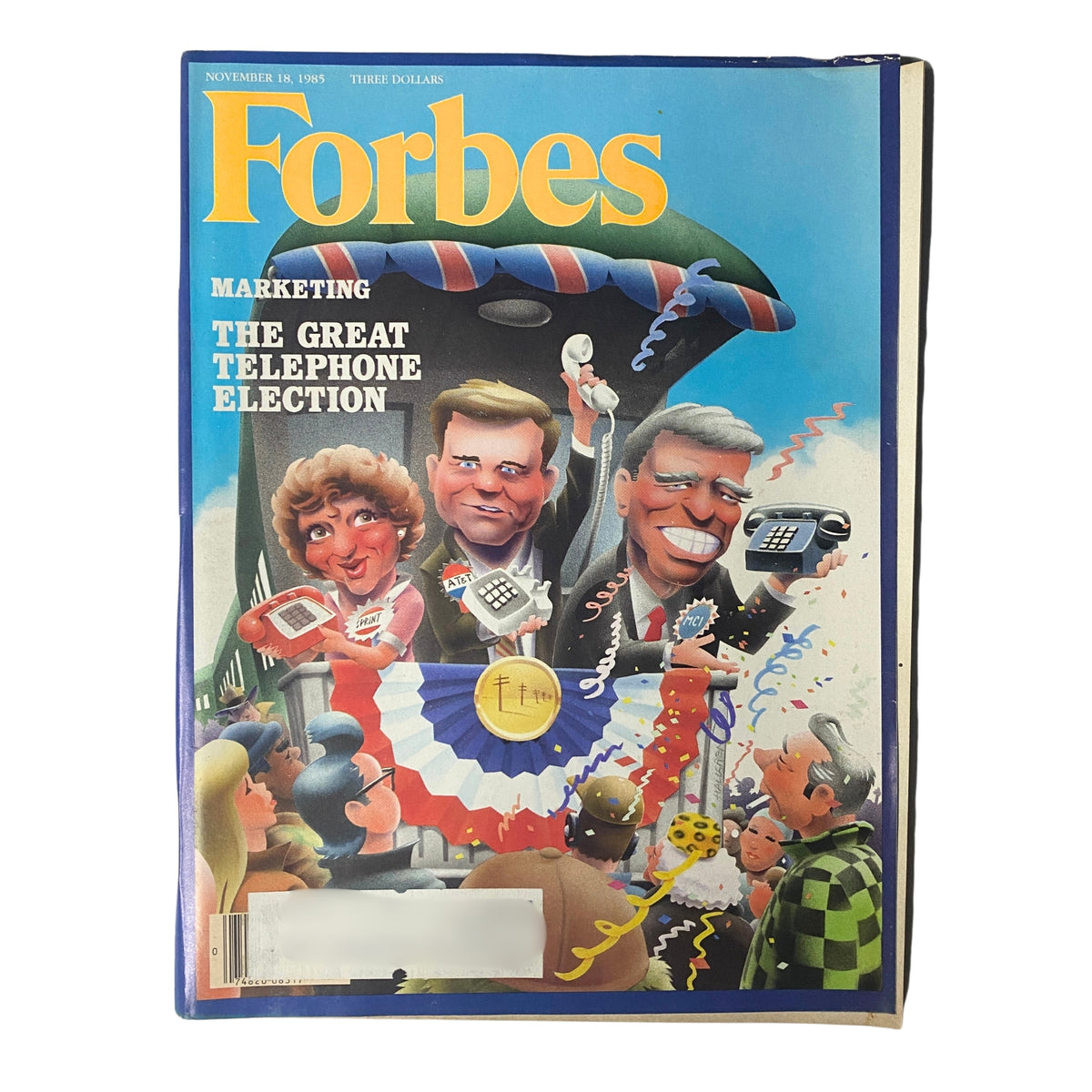 Forbes Magazine November 18, 1985, cover featuring the headline 'The Great Telephone Election' with a colorful illustration of caricatures representing telecom figures and celebratory elements.