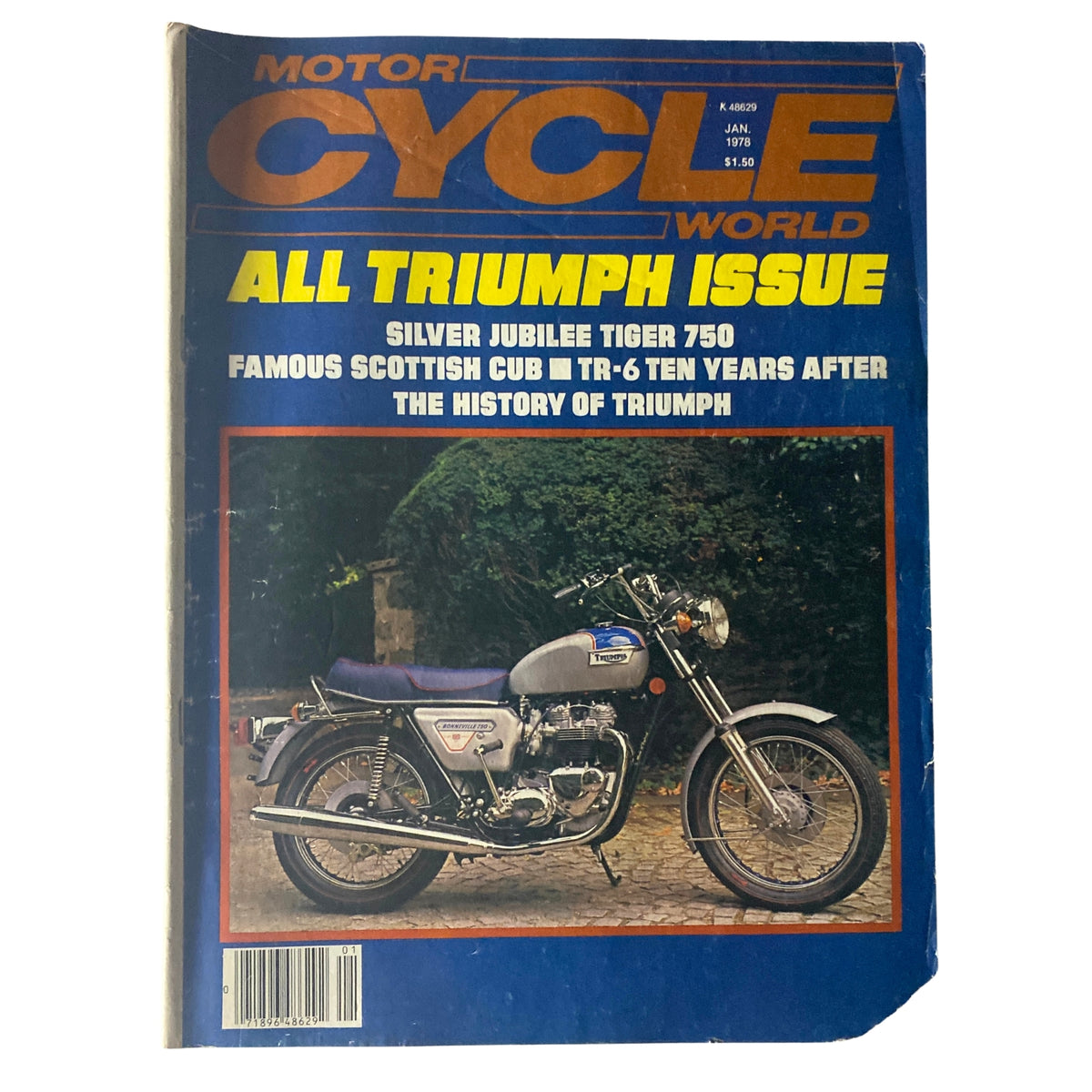 Motor Cycle World Magazine January 1978 featuring the Silver Jubilee Tiger 750 on the cover, highlighting classic motorcycle history and Triumph marque.