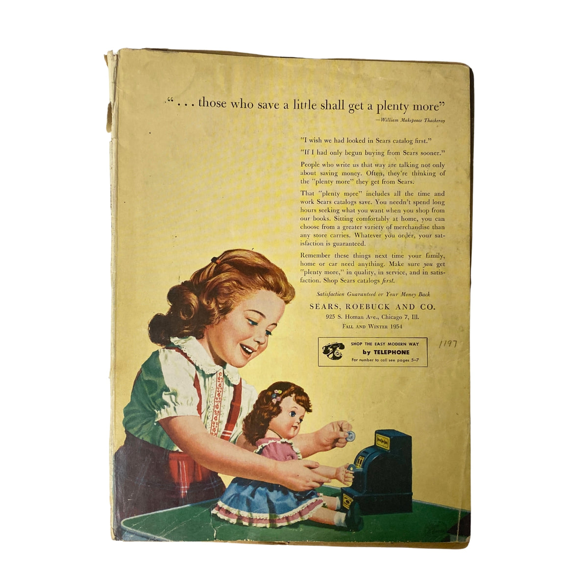 Back cover of the 1954 Sears Roebuck and Co. Fall and Winter Catalog featuring a vintage illustration of a girl playing with a doll and a cash register, promoting savings with engaging graphics.
