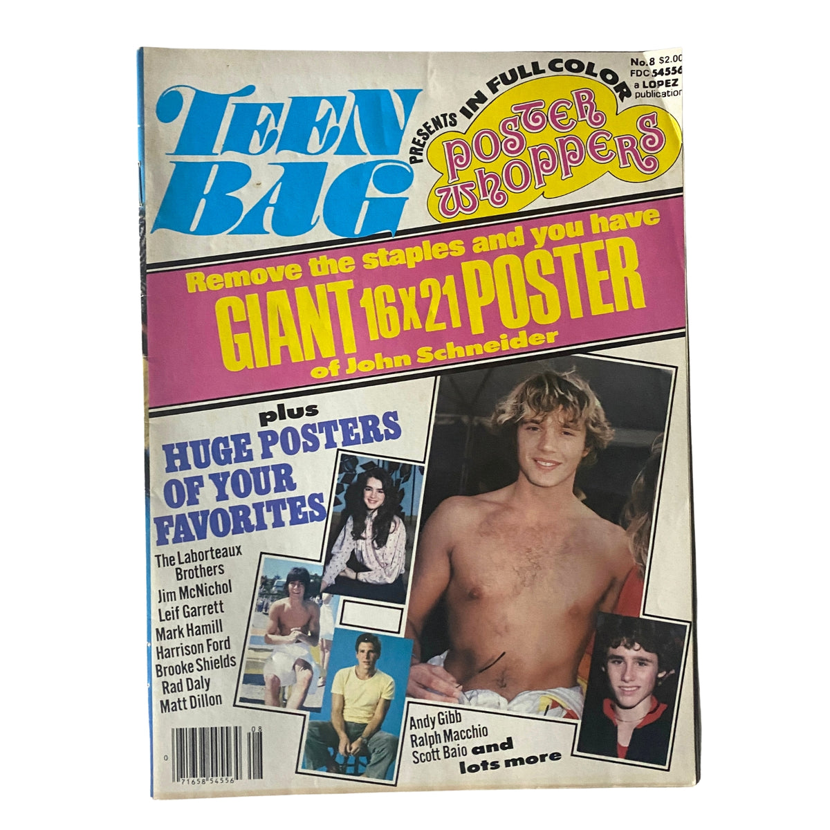 Teen Bag Poster Whoppers Issue No. 8 magazine cover featuring John Schneider and Andy Gibb, showcasing a giant 16x21 poster and various popular celebrities from the 1980s.