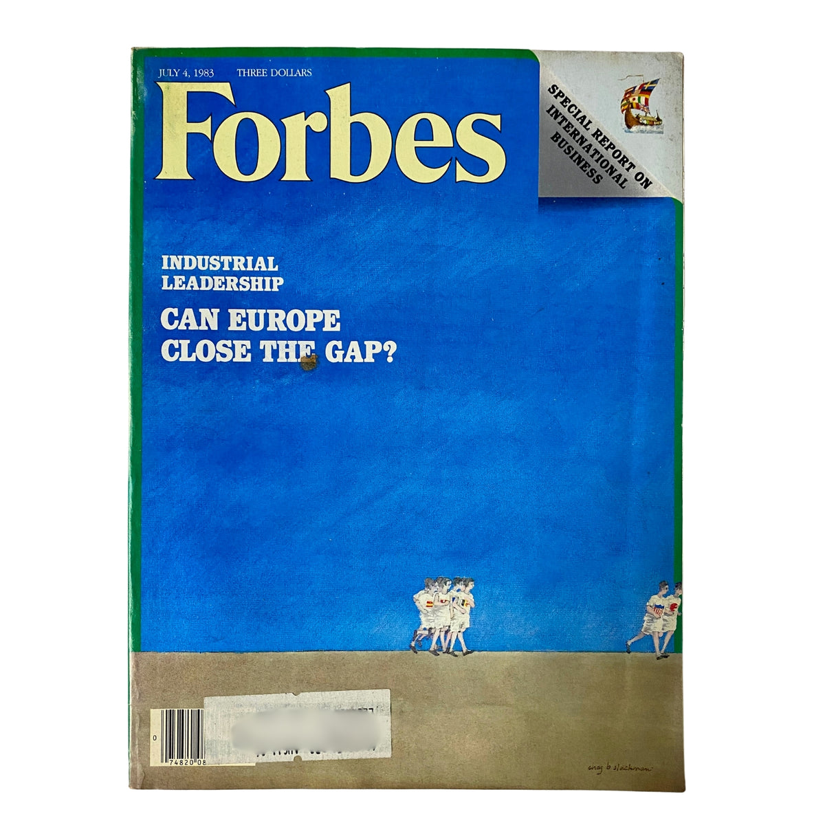 Forbes Magazine July 4, 1983 cover featuring the title 'Industrial Leadership: Can Europe Close The Gap?' with a blue background and illustrations on the lower section, highlighting key economic themes.