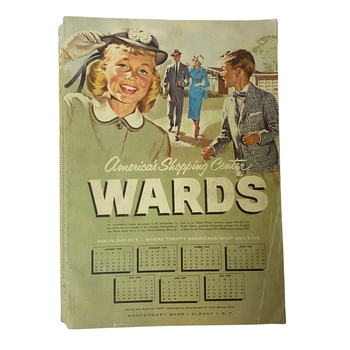 Cover of the 1959 Montgomery Ward Spring and Summer Catalog showcasing a smiling girl in a stylish hat with adults in fashionable clothing, emphasizing the vintage shopping experience.