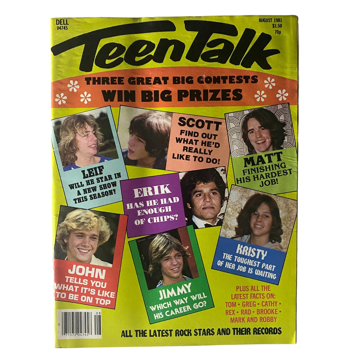 Cover of Teen Talk Magazine August 1981 featuring stars like Leif Garrett and Scott Baio, highlighting contests and articles about teen heartthrobs.
