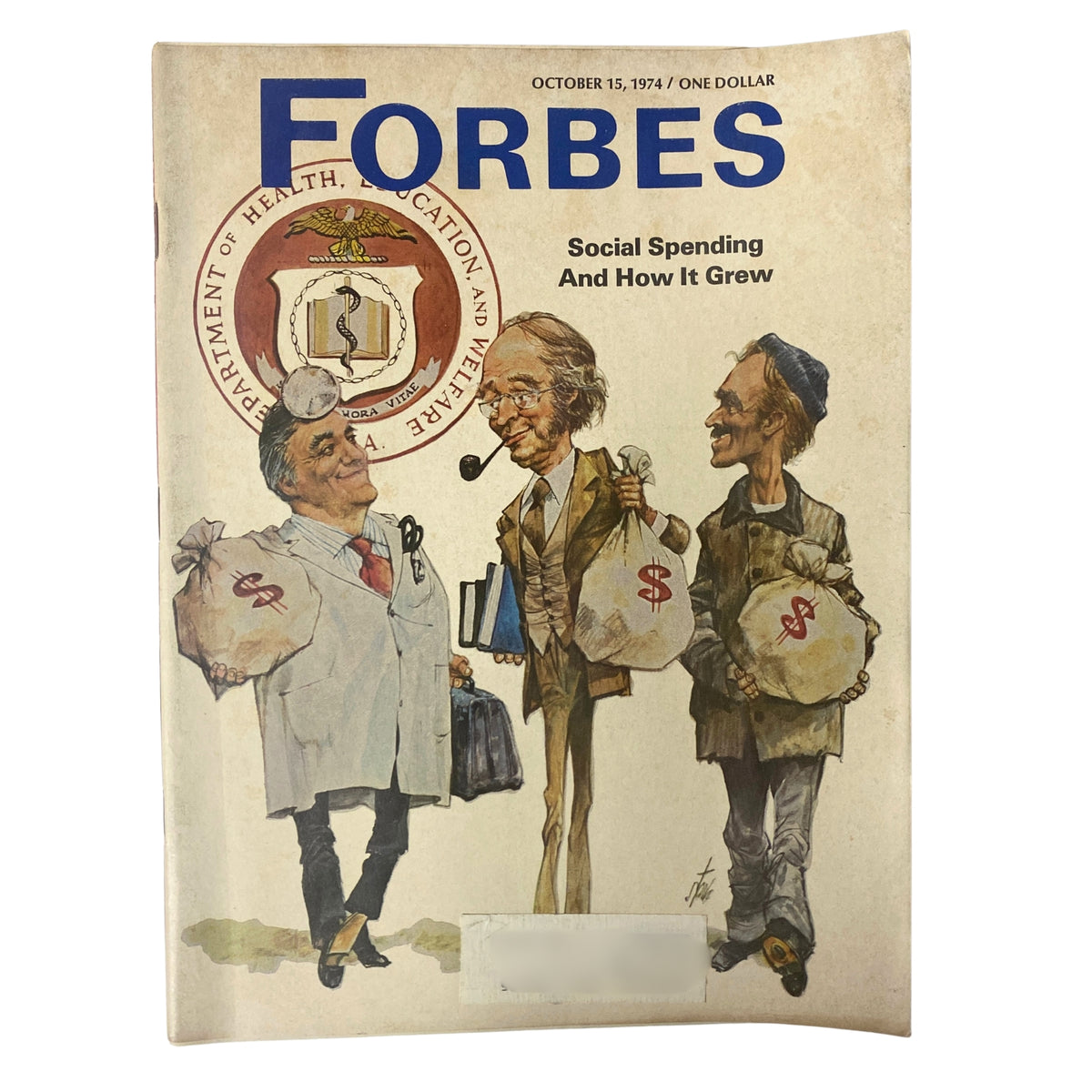 Cover of Forbes Magazine from October 15, 1974, featuring the title 'Social Spending and How It Grew' with an illustration depicting three characters representing different social sectors.