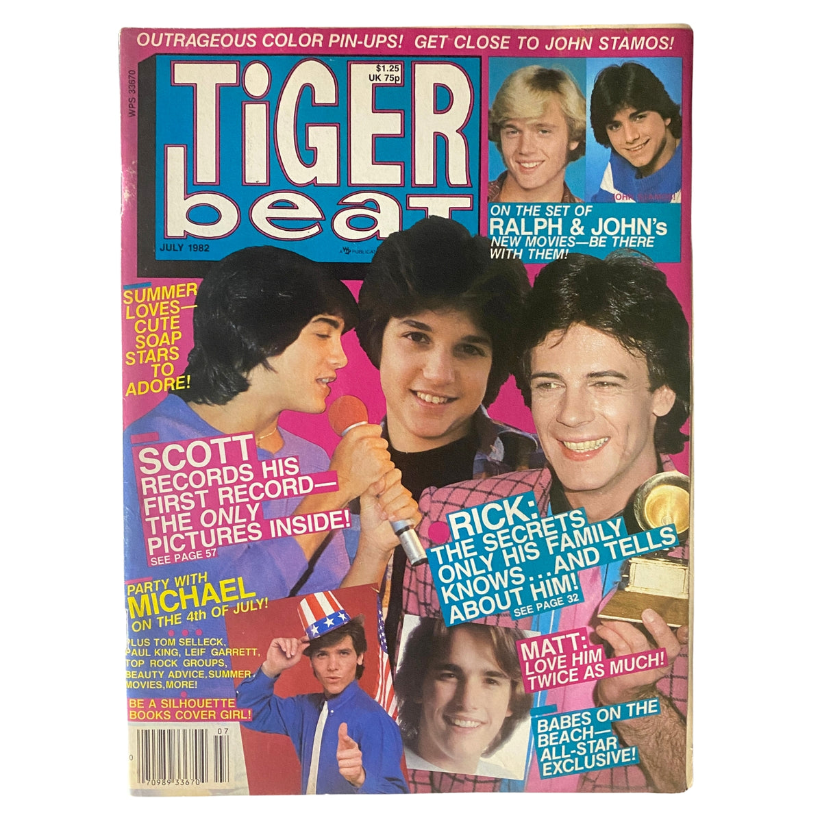 Tiger Beat Magazine July 1982 cover featuring Scott Baio, Rick Springfield, and other teen stars, showcasing vibrant graphics and nostalgic pop culture.