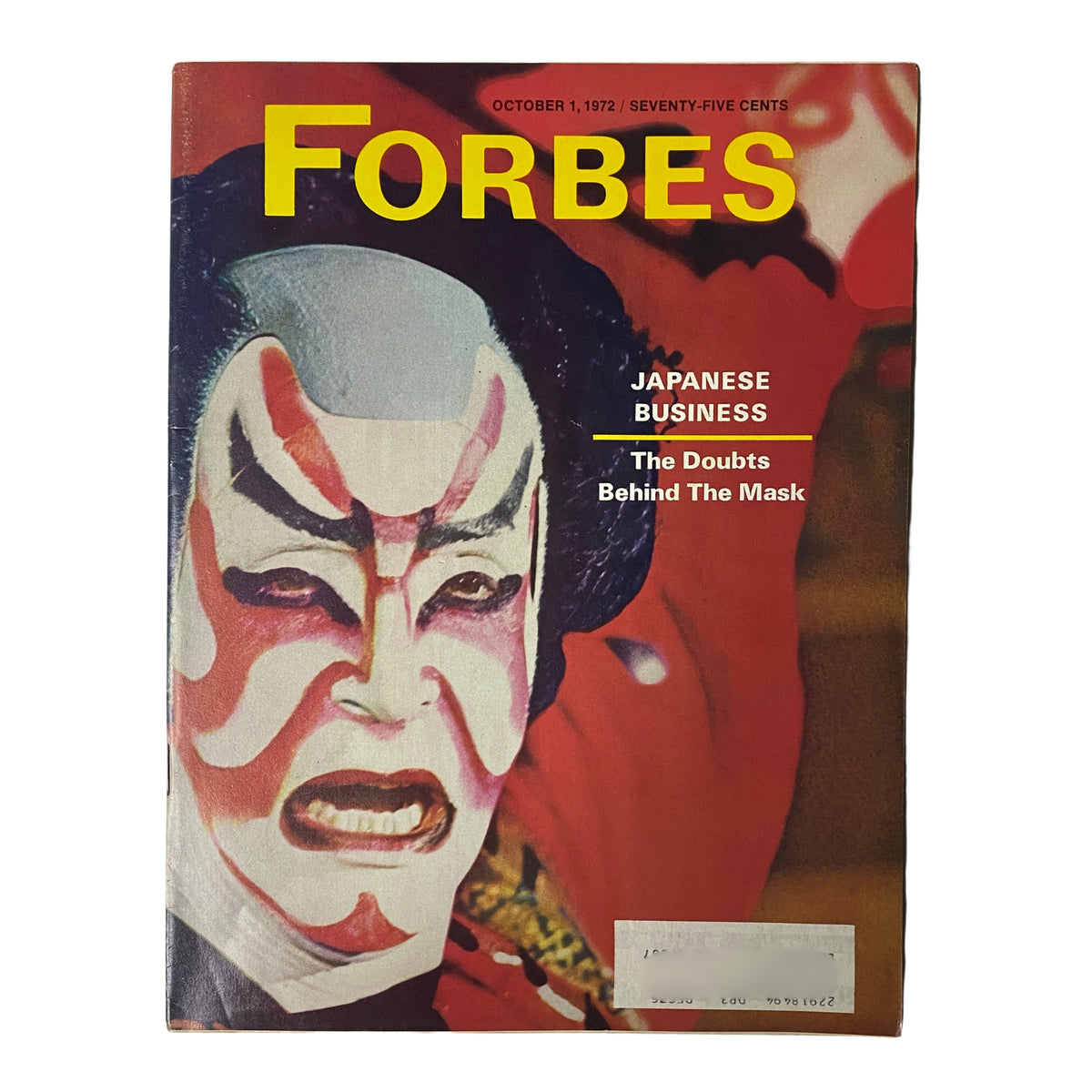 Cover of Forbes Magazine, October 1, 1972, featuring the title 'Japanese Business: The Doubts Behind The Mask,' illustrating a dramatic image that symbolizes the complexities of Japan's economy.