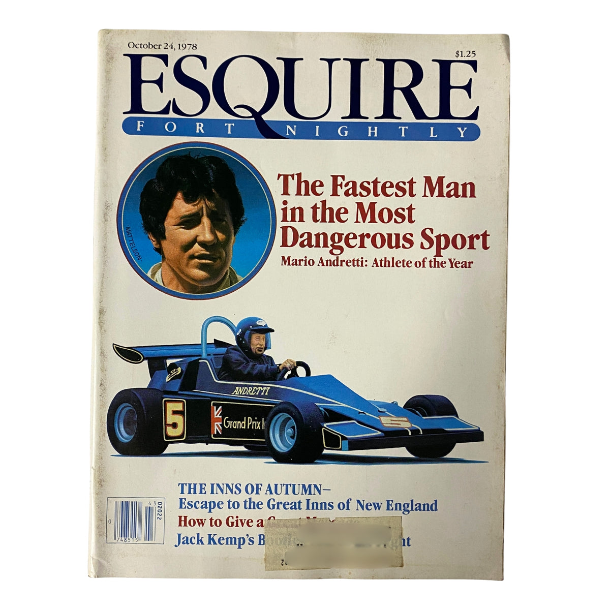 Esquire Magazine cover from October 24, 1978 featuring racing driver Mario Andretti with the headline 'The Fastest Man in the Most Dangerous Sport', highlighting his achievement as Athlete of the Year.