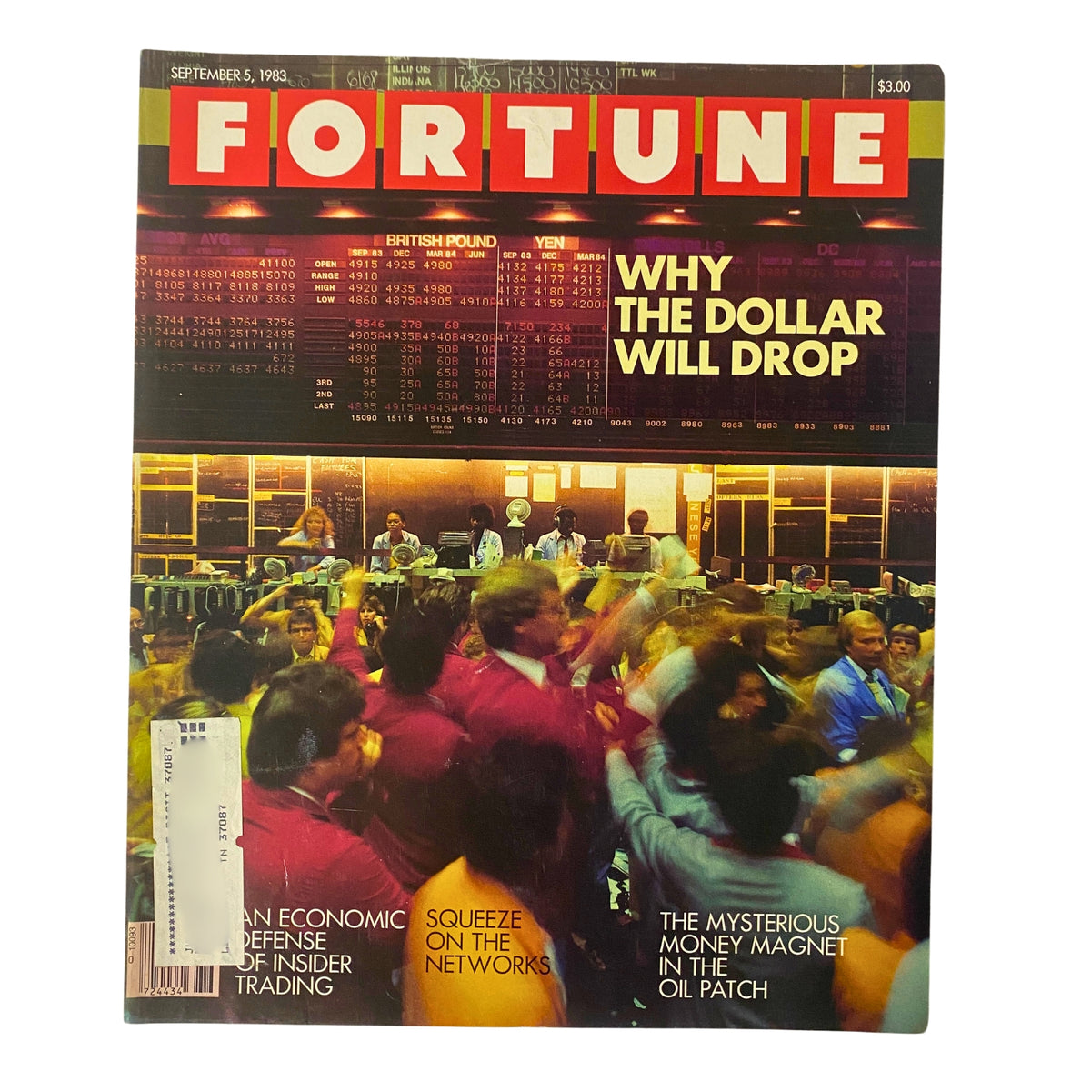 Cover of Fortune Magazine dated September 5, 1983, featuring the title 'Why The Dollar Will Drop'. The cover illustrates bustling trading activity with a stock market display in the background.