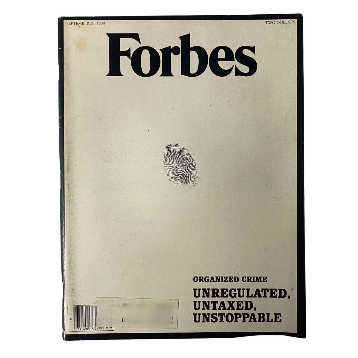 Cover of Forbes Magazine dated September 29, 1980, featuring the title 'The Invisible Enterprise' with an illustration of a fingerprint and the tagline 'Organized Crime: Unregulated, Untaxed, Unstoppable'.
