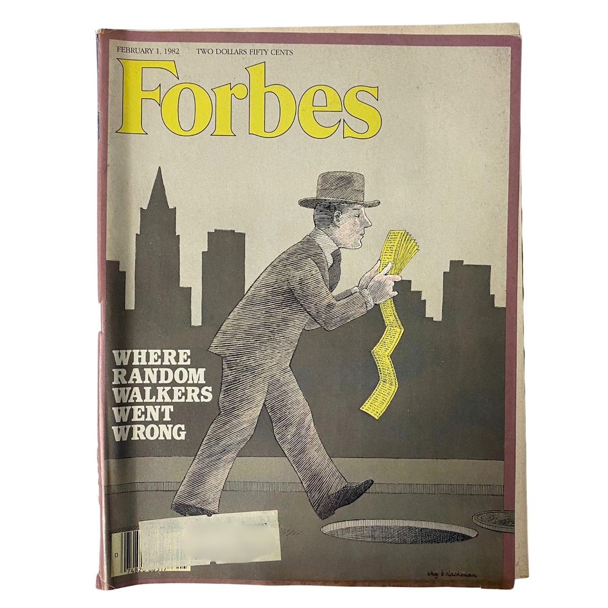 Forbes Magazine cover, February 1, 1982, titled 'Where Random Walkers Went Wrong', featuring an illustration of a businessman holding stock data amidst a city skyline.