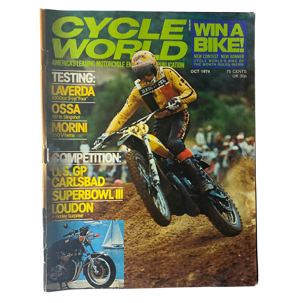Cycle World Magazine October 1974 cover featuring motocross champion Roger DeCoster in action, showcasing exciting motorcycle racing elements, testing features of Laverda 1000 Three, Ossa, and more.