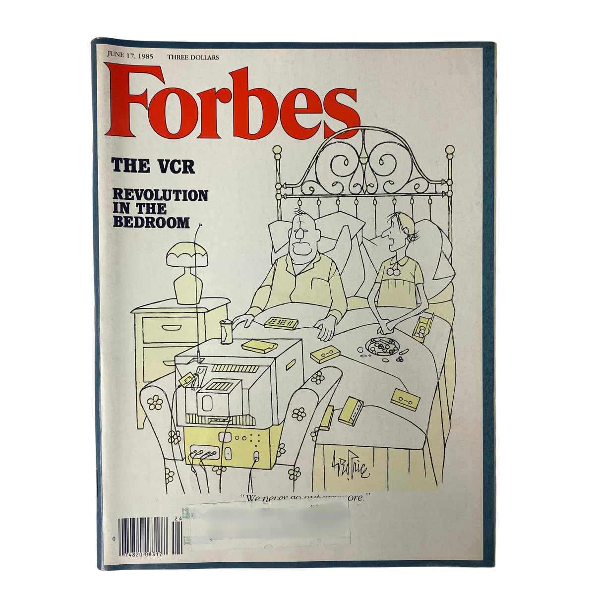 Cover of Forbes Magazine June 17, 1985 featuring a cartoon depicting the VCR revolution in the bedroom, illustrating couples surrounded by home video technology.
