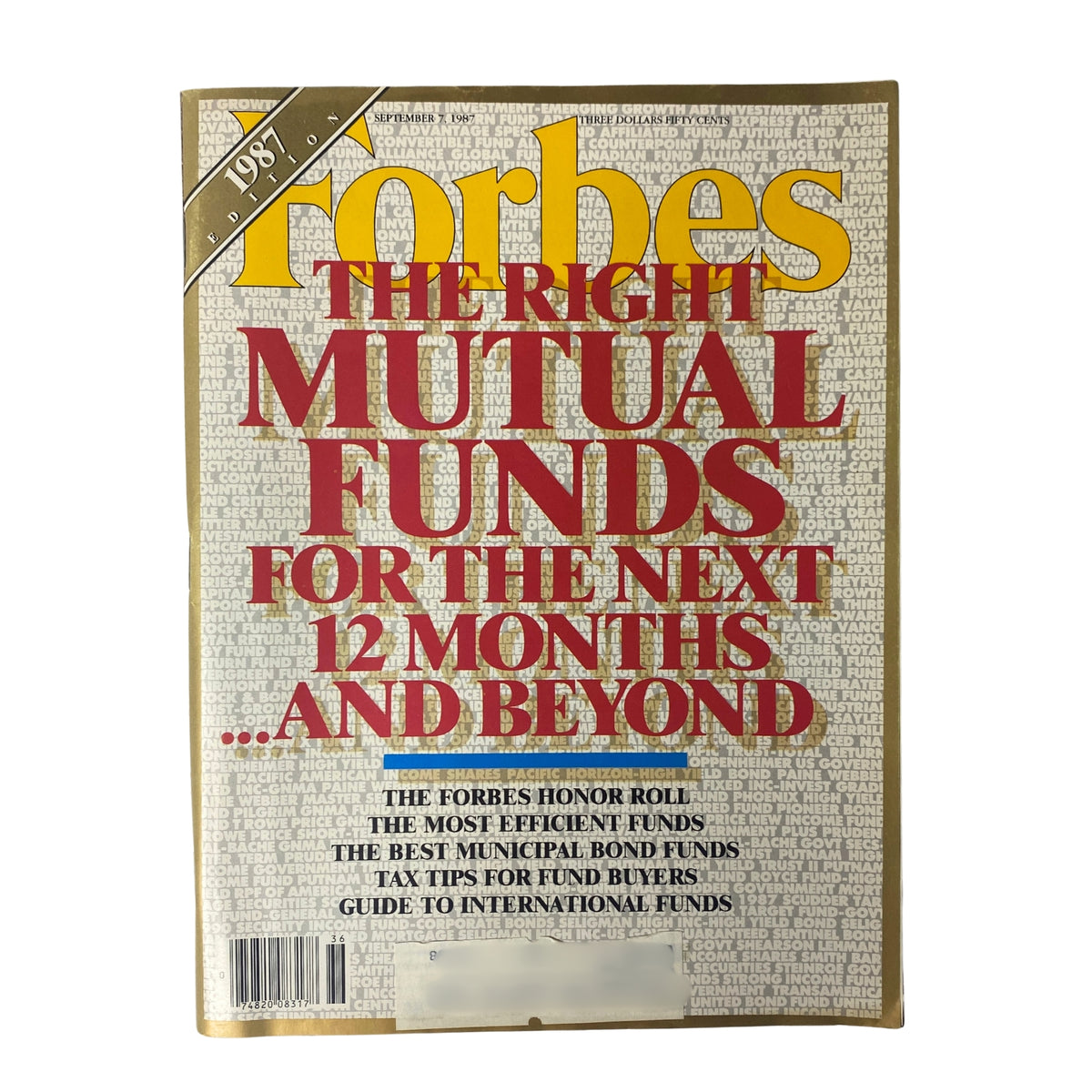 Cover of Forbes Magazine from September 7, 1987, featuring the title 'The Right Mutual Funds For Next 12 Months'. The cover highlights investment strategies and mutual funds, with bold red typography on a textured background.